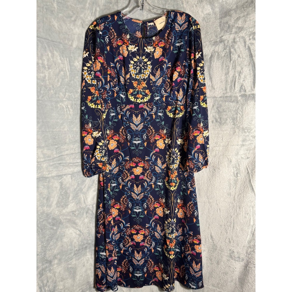 I.Madeline Navy Blue Floral Damask Long‎ Sleeve Midi Dress Small lightweight